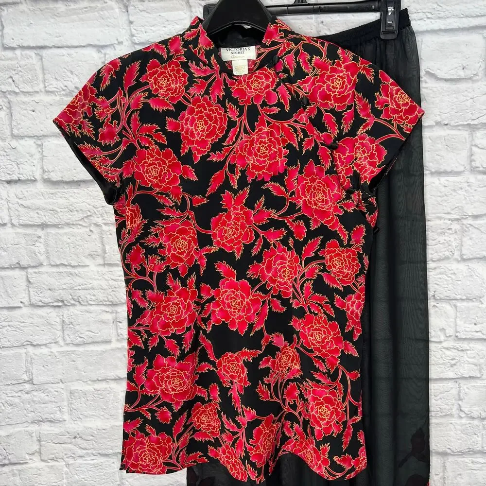 VTG Victorias Secret Collection 2pc Set Sheer Pants Red Floral Size M Tunic